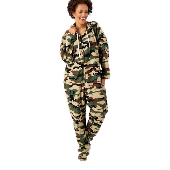 Forever Lazy Footed Adult 1-Piece Hood Camo Pajama Jumpsuit XXL Two Zip Dropseat - Picture 5 of 16